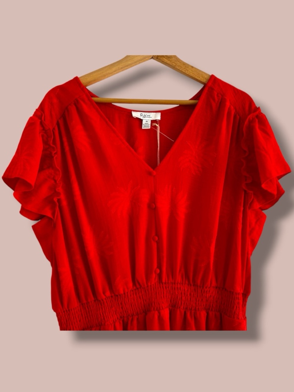 C BY ONE Plus Size 1X Red Orange Maxi Dress RUFFLE SLEEVE SMOCKED WAIST POCKETS - Picture 3 of 9